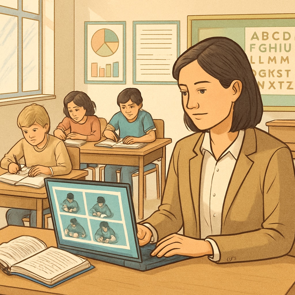 A teacher using a laptop to monitor student writing activity in a classroom. Teacher monitoring student writing with tools like GPTZero and Draftback.