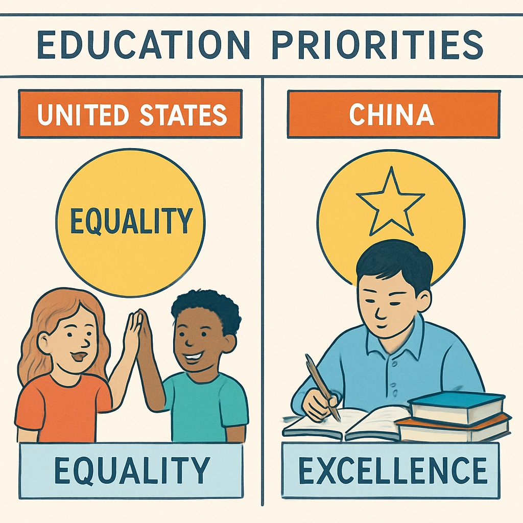 A comparison chart showing US and Chinese education priorities, highlighting equality and excellence. US and Chinese education priorities comparison chart
