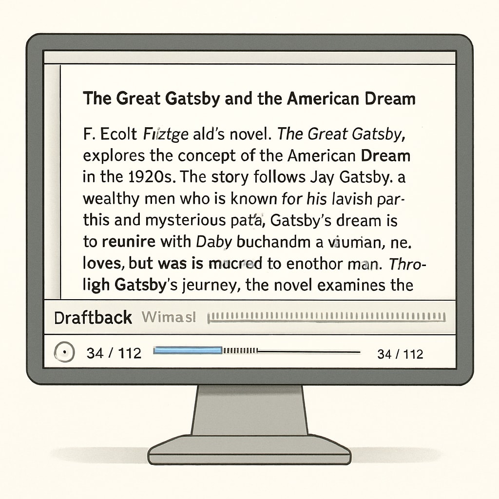 A screenshot of Draftback replaying the writing history of a student’s essay. Draftback tool visualizing the writing process for plagiarism detection.