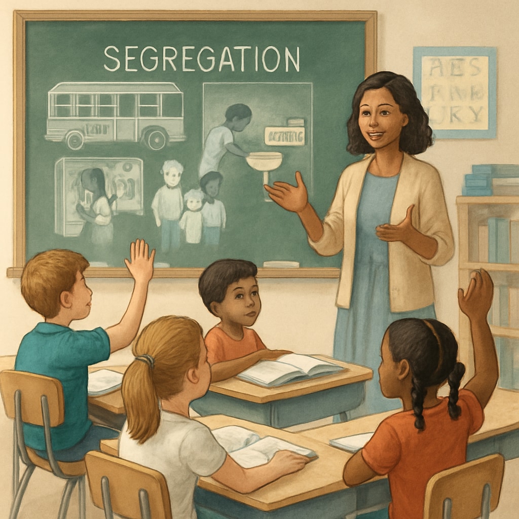 First-grade students discussing historical topics like segregation in class.