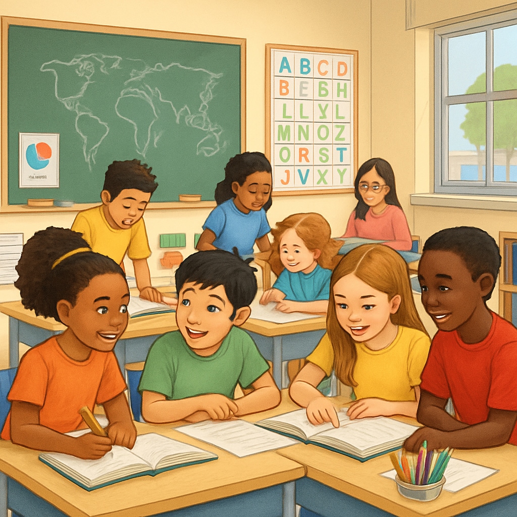 A classroom in the US, featuring diverse students engaged in group projects and collaborative learning. Diverse US classroom with students collaborating