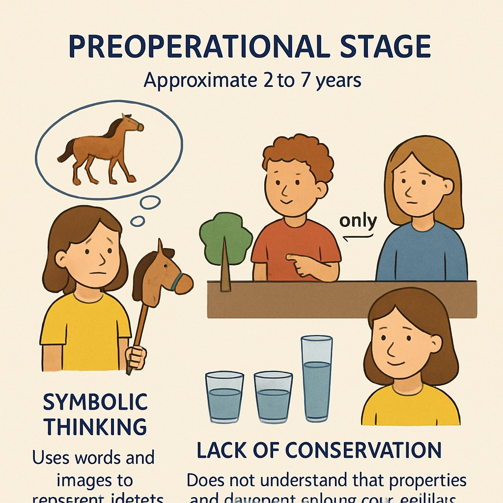 Infographic of Piaget’s cognitive development stages, focusing on first graders’ developmental stage.