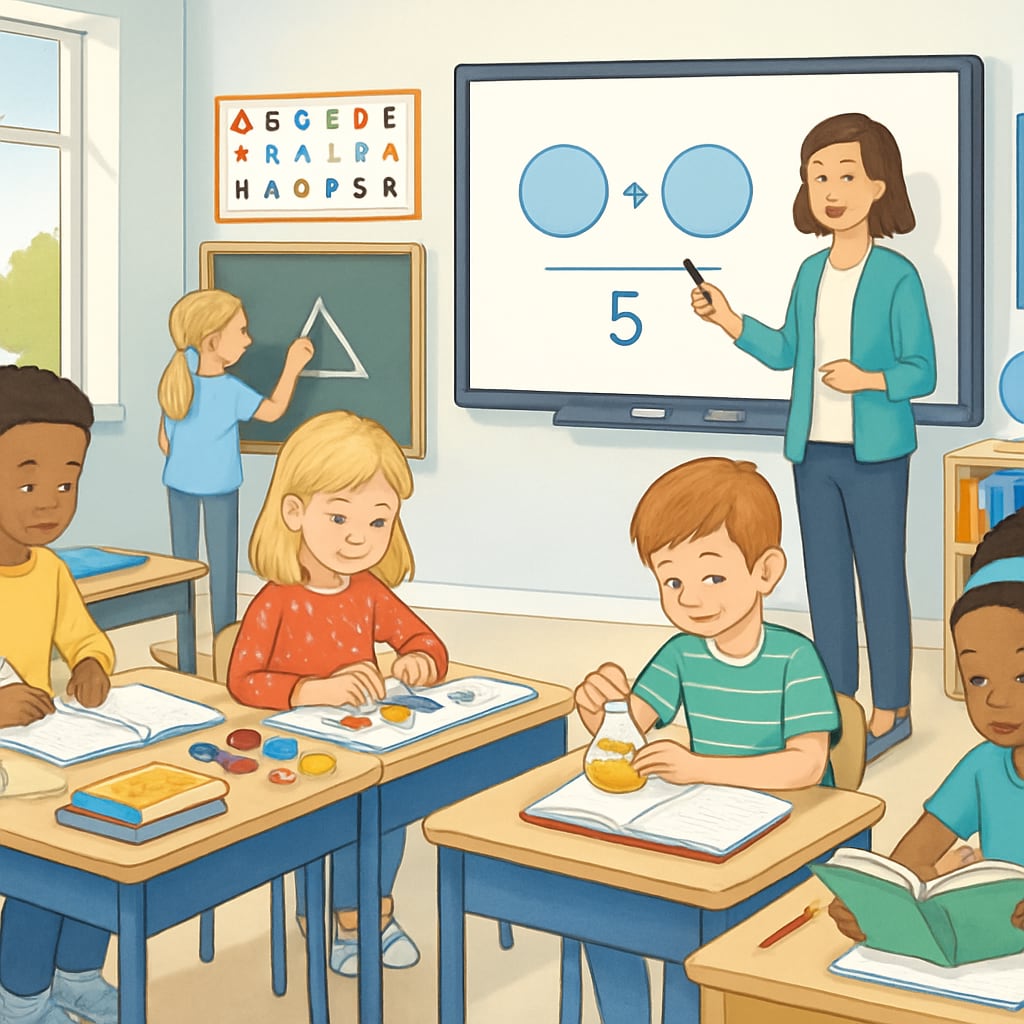 A bright, inclusive elementary school classroom with children actively engaged in learning activities, featuring modern teaching tools such as interactive whiteboards. Elementary school classroom with children actively engaged in learning activities.