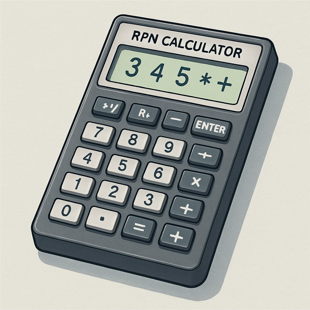 A modern RPN calculator placed on a desk, showing a postfix calculation on its screen. RPN calculator displaying a Reverse Polish Notation calculation.