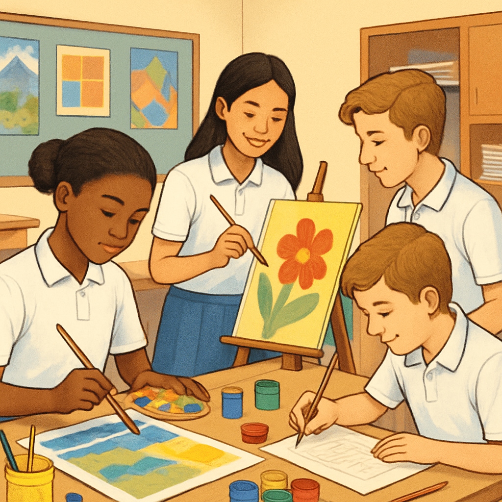 Students participating in a school art class, painting and working on creative projects together, demonstrating the importance of a well-rounded curriculum. Students engaged in a school art class, painting and working on creative projects.