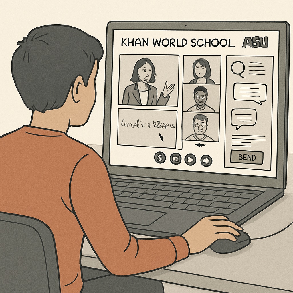 A student attending an online class through the Khan World School and ASU platform, showcasing the dynamic interface and interactive tools. Student participating in the Khan World School and ASU online education program.