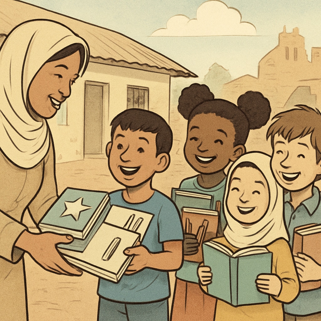 A photo of children receiving educational materials in a conflict-affected region, symbolizing Ms. Rachel’s humanitarian efforts. Children receiving educational support in a conflict region, linked to Ms. Rachel’s humanitarian work.
