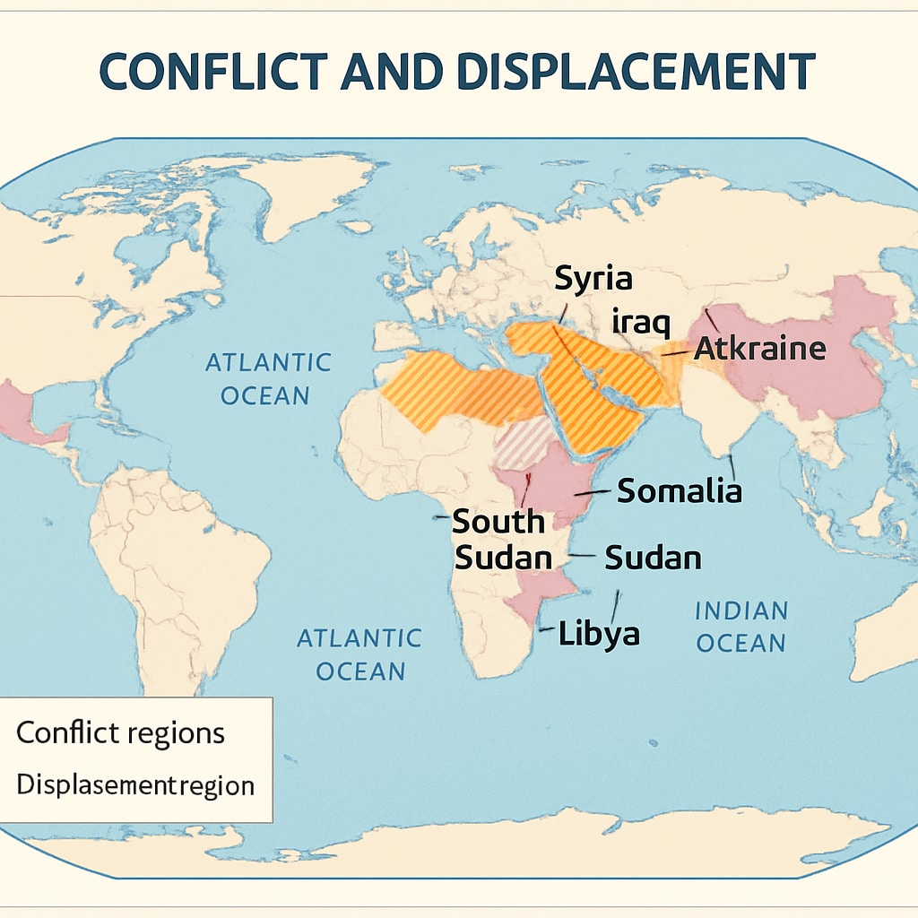 A global map highlighting regions affected by conflict and displacement, emphasizing the need for expanded humanitarian education. A visual representation of conflict-affected regions worldwide, advocating Ms. Rachel’s expanded humanitarian scope.