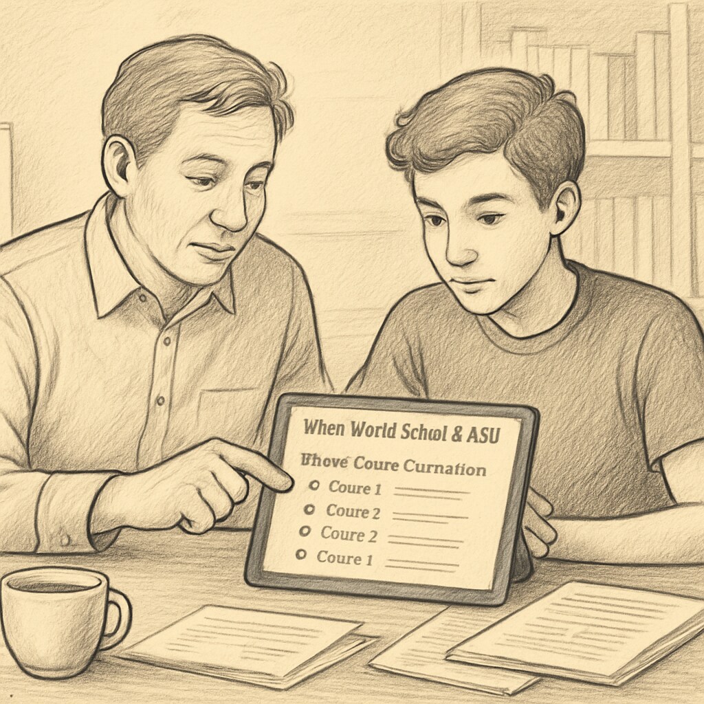 A parent and student reviewing an online course curriculum for the Khan World School and ASU dual enrollment program on a tablet. Parent and student exploring the Khan World School-ASU dual enrollment curriculum online.