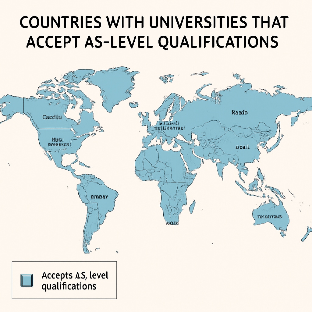 A global map highlighting countries with universities that accept AS-level qualifications. Map showing countries that welcome AS-level students, emphasizing affordable university options.