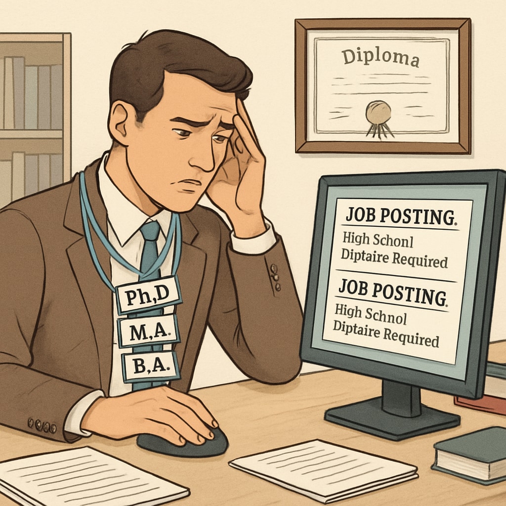 A professional with multiple degrees looking frustrated while reviewing job postings that require a high school diploma. A qualified professional frustrated by job listings requiring a high school diploma in Arizona.