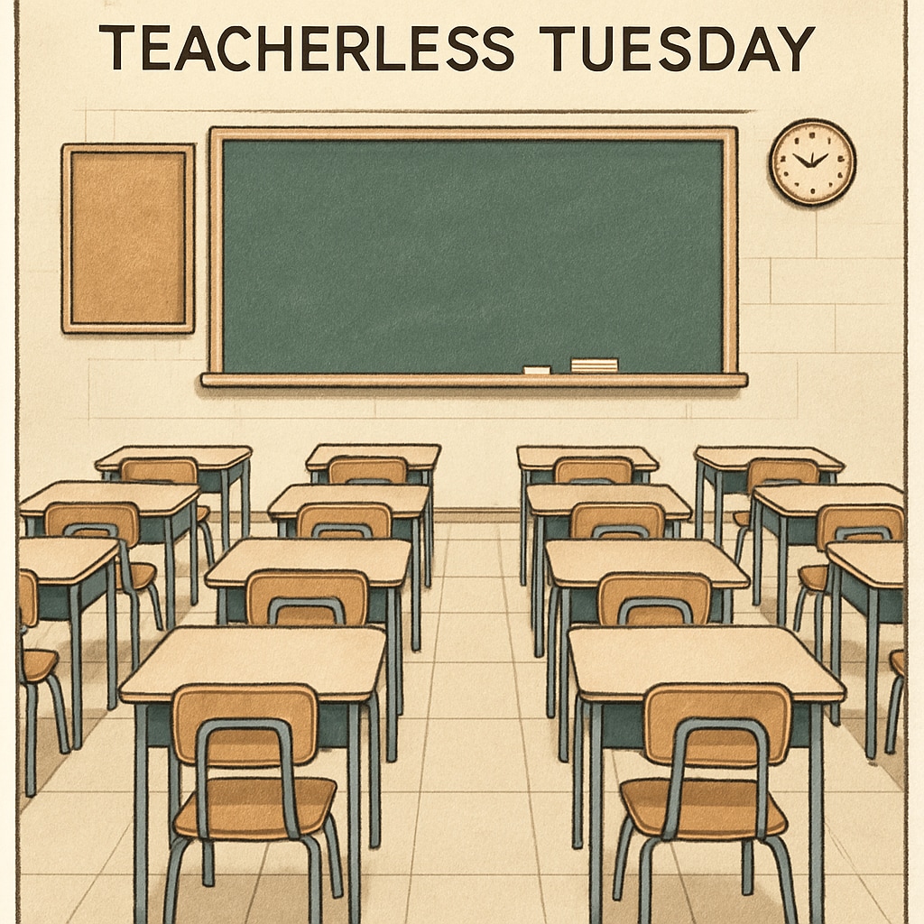 A classroom with empty desks, symbolizing teacher absence during Teacherless Tuesday. Empty classroom desks during Teacherless Tuesday, representing teacher protest.