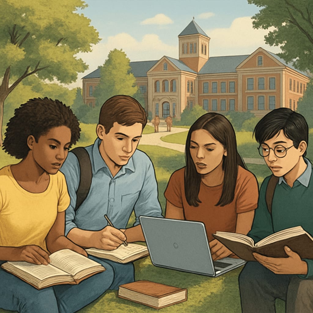 A diverse group of students studying on a scenic university campus. Students from various backgrounds studying on a campus that accepts AS-level qualifications, symbolizing diversity and affordability.