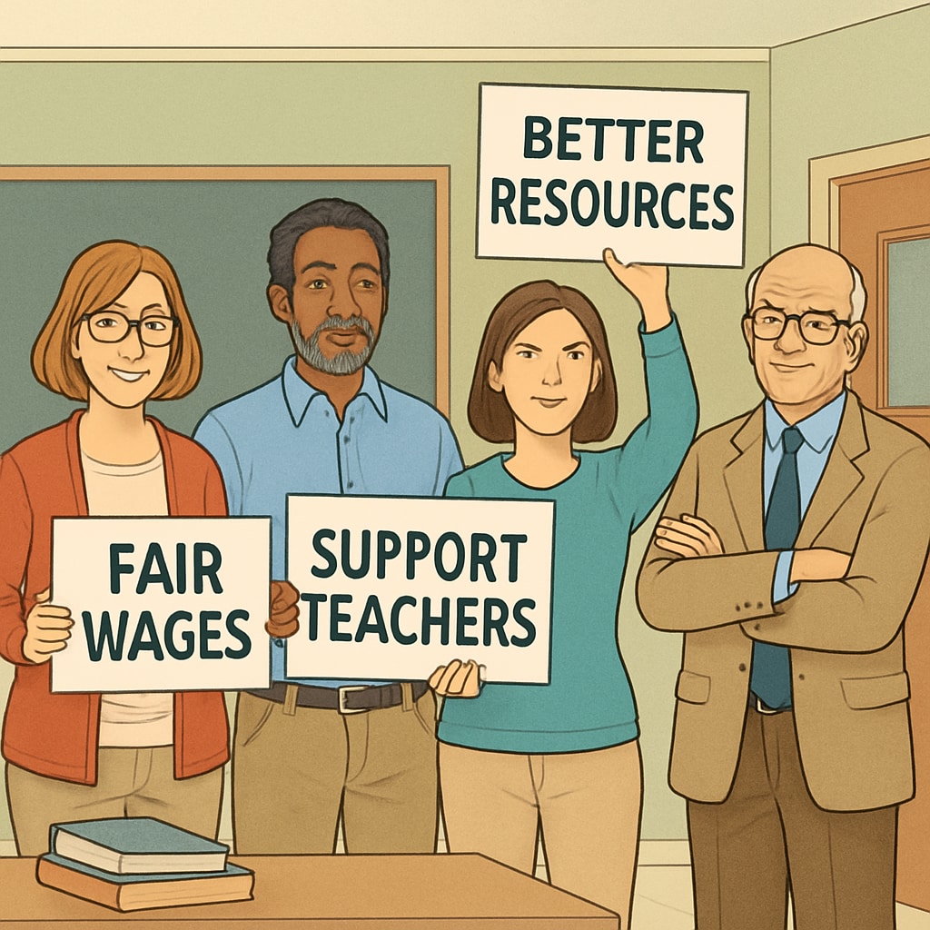A group of teachers holding signs about fair wages and resources, symbolizing advocacy during Teacherless Tuesday. Teachers holding protest signs advocating for wages and resources during Teacherless Tuesday.