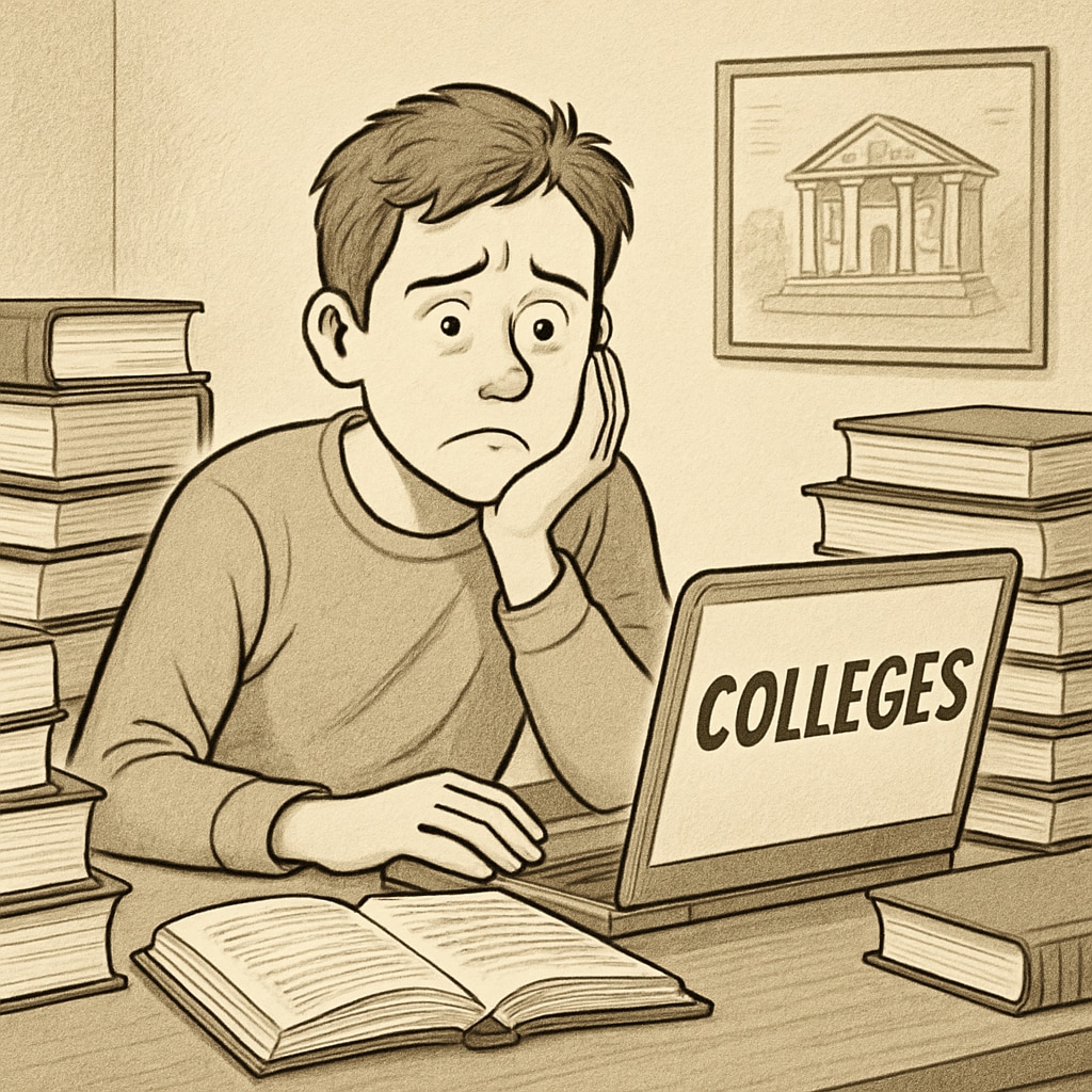 A student surrounded by books and a laptop, looking overwhelmed while researching colleges. Freshman student feeling stressed about college planning.