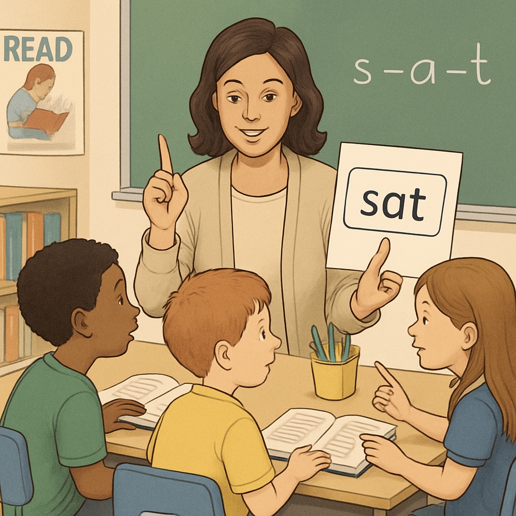A teacher engaging children in a group reading session, illustrating phonics-based techniques such as blending sounds. Teacher demonstrating phonics-based reading methods to a group of schoolchildren.