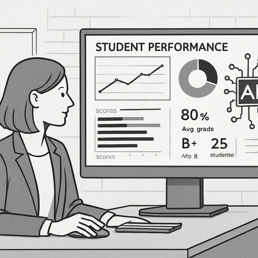 An AI-driven tool analyzing student performance data on a teacher’s dashboard, showcasing how technology aids administrative efficiency. AI analyzing student performance data to reduce teacher workload and enhance education efficiency.