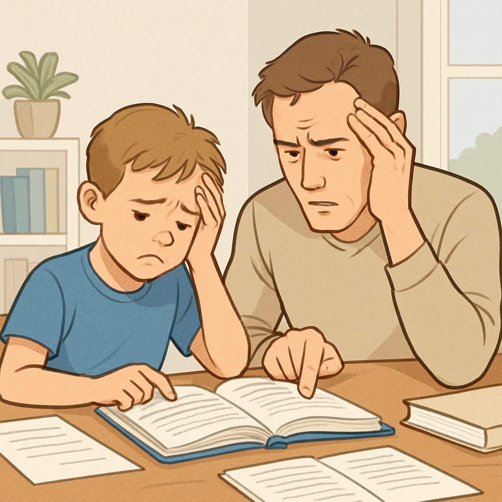 A parent assisting a child with homework, visibly frustrated due to struggles with reading comprehension. Parent helping their child with reading homework, highlighting the challenges of method misalignment.