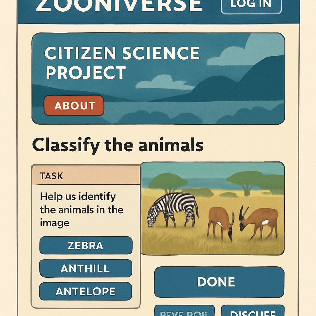 A screenshot of the Zooniverse platform showing a citizen science project interface, highlighting accessible research tasks for K12 students. Zooniverse platform interface for citizen science projects