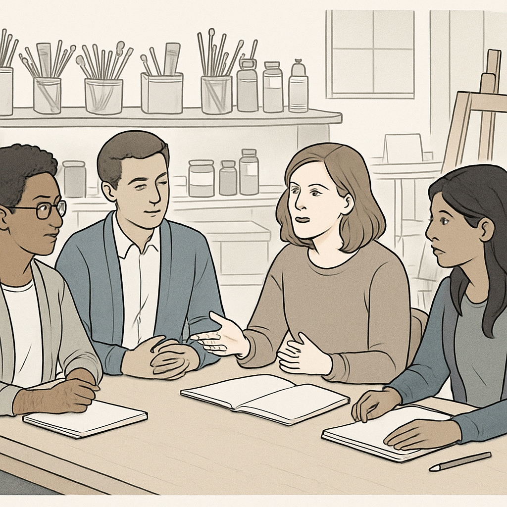 A group of graduate students in an art education class discussing pedagogy. They are seated in a creative classroom setting, with art supplies visible in the background. Graduate students discussing pedagogy in an art education class