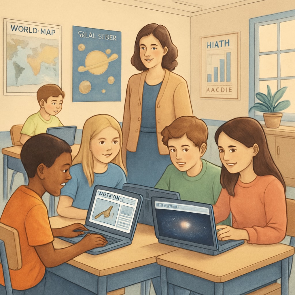 A classroom setting where students are working on Zooniverse projects using laptops, illustrating hands-on learning in education. Students engaging in Zooniverse projects in a classroom environment