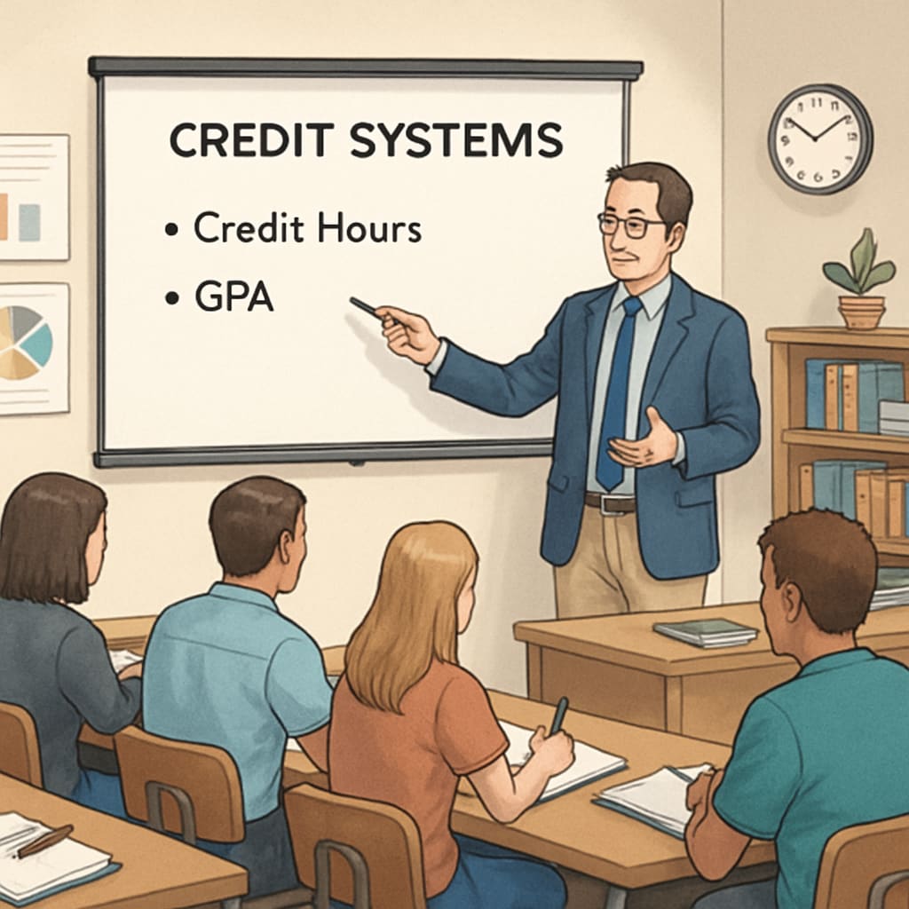 A lecturer explaining credit systems in a classroom setting, with students taking notes attentively. Lecturer explaining UK master's degree credit requirements to students.