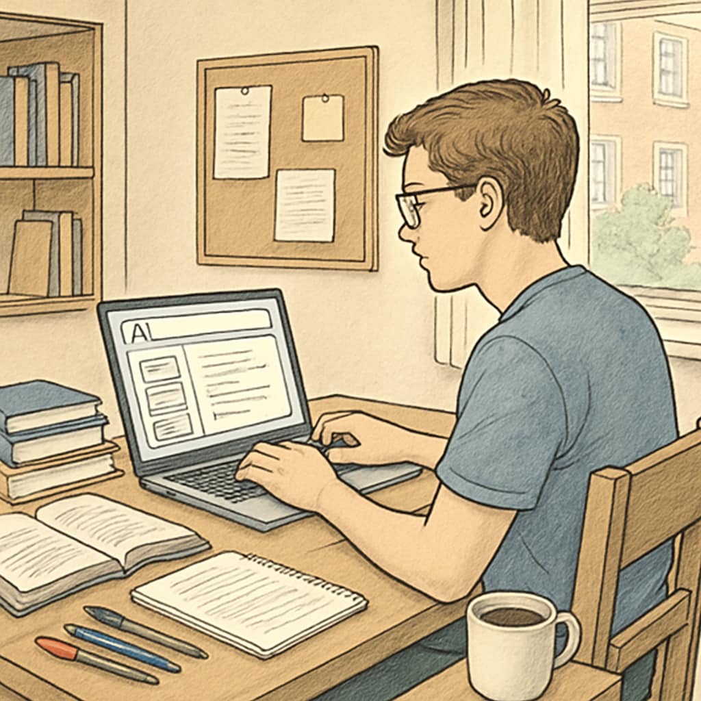 A college student using an AI tool like ChatGPT Plus on their laptop while surrounded by study materials in a dorm room. Student utilizing ChatGPT Plus for academic assistance in a dorm room.