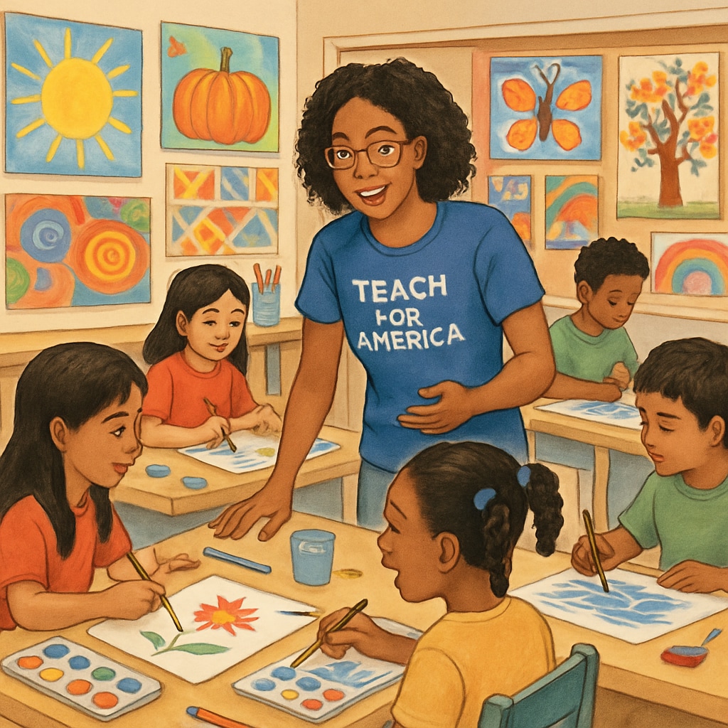 A Teach for America participant teaching an art class to students in an underserved community. The classroom is vibrant, with colorful art projects displayed. Teach for America participant engaging students in an art class