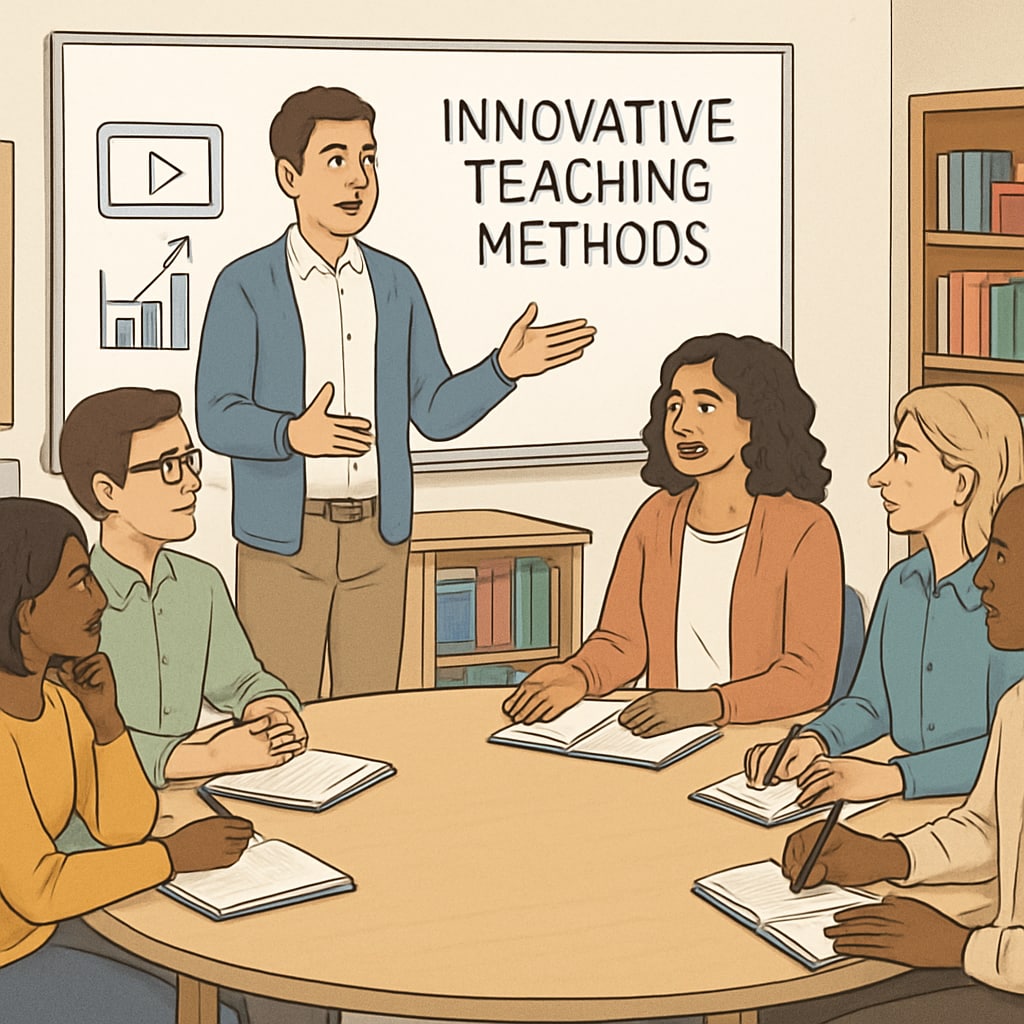 A collaborative workshop between UC faculty and K12 educators discussing innovative teaching methods. UC faculty and K12 educators collaborating on innovative teaching methods.