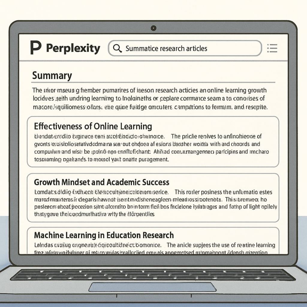 A laptop screen showing Perplexity Pro’s interface, summarizing research articles for academic use. Perplexity Pro interface displayed on a laptop for research summarization.