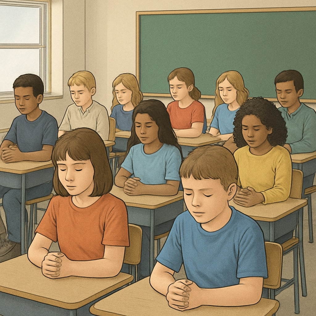 A classroom of students observing a moment of silence, emphasizing the solemnity of the event. Students observing a moment of silence in a classroom, related to Gaza mourning controversy.