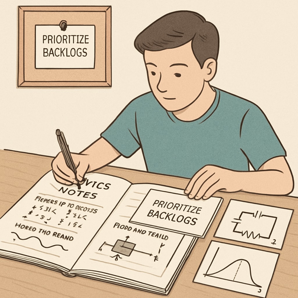 A student organizing BSc Physics backlogs with charts and diagrams.