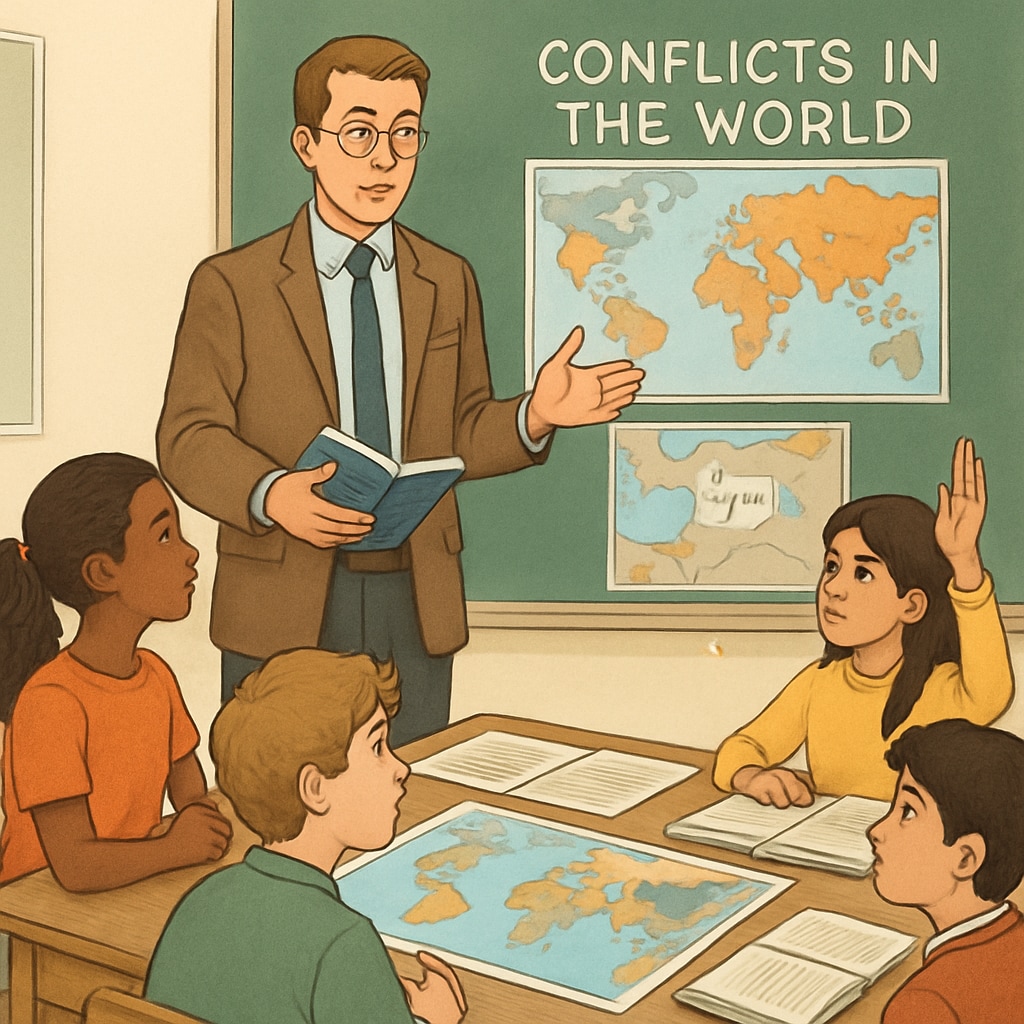 A teacher guiding students in a discussion about global conflicts, with maps and historical documents displayed. A teacher and students discussing global conflicts, highlighting educational responsibility.