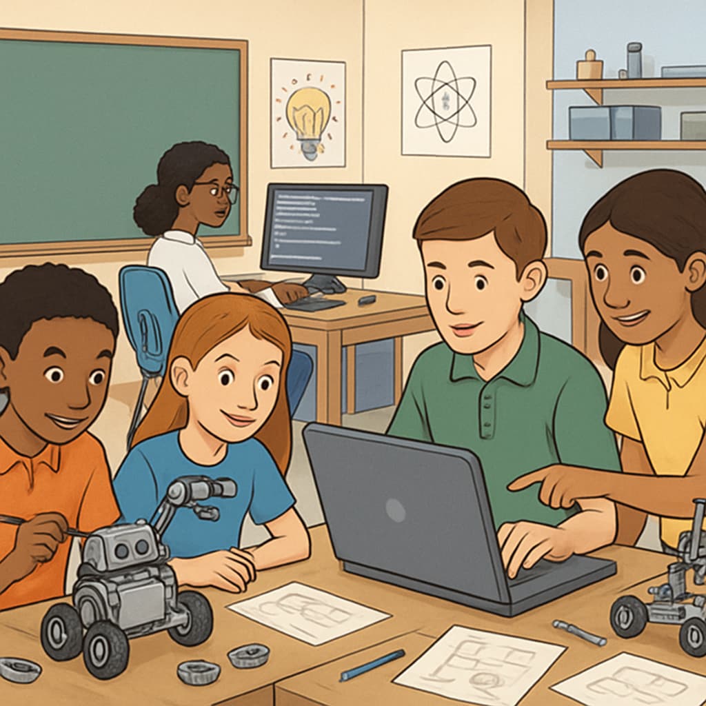 A classroom filled with students working on STEM-related projects such as robotics and coding, emphasizing teamwork and innovation. STEM education in action: students collaborating on robotics and coding projects