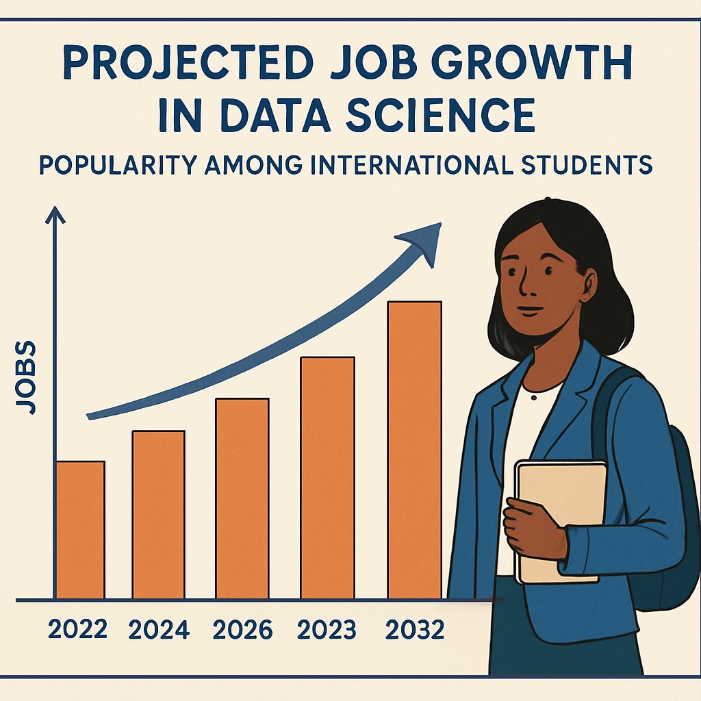 A graph showing the projected job growth in data science, with emphasis on its popularity among international students. Projected job growth in data science for international students.