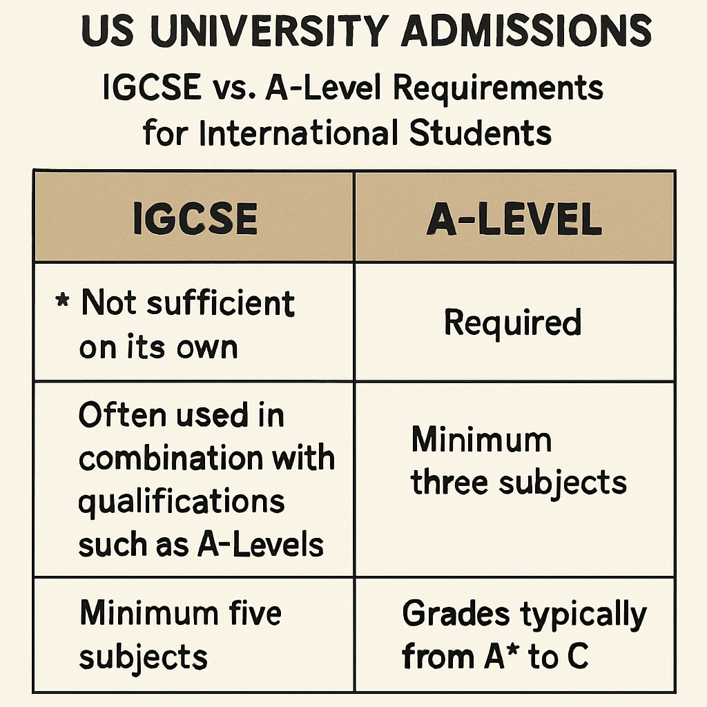 A table comparing IGCSE and A-Level requirements for US university admissions, highlighting their differences for international students. IGCSE vs. A-Levels comparison for US university admissions.