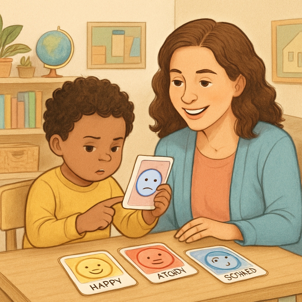A young child learning about emotions through interactive flashcards with a caregiver. The child looks engaged, and the caregiver is smiling warmly. A child and caregiver working on emotional education with flashcards.
