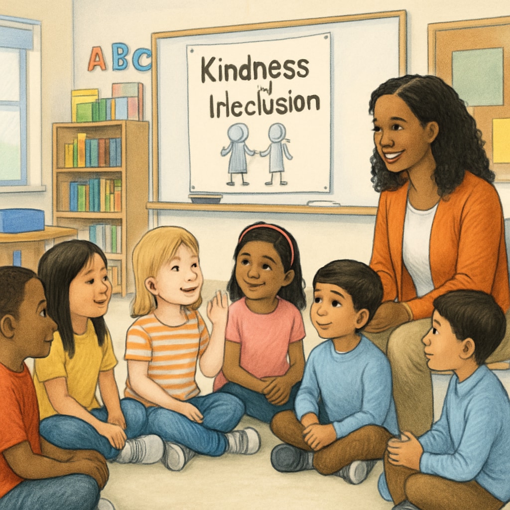 Diverse first-grade classroom discussing kindness and inclusion.