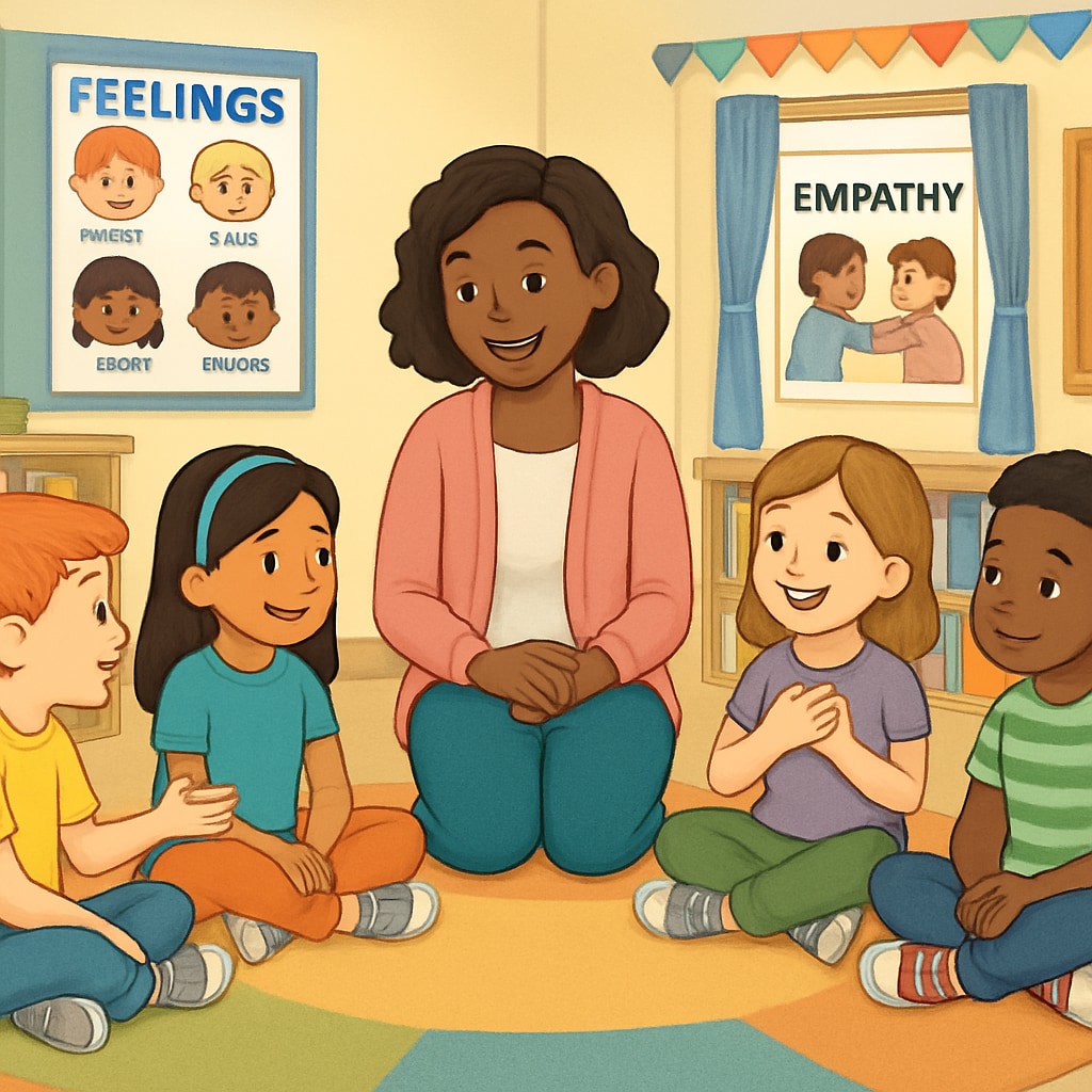 Children engaging in a group activity where they share their feelings and learn about empathy. The setting is a classroom with bright, positive decor. Children in a classroom discussing emotions during a group activity.