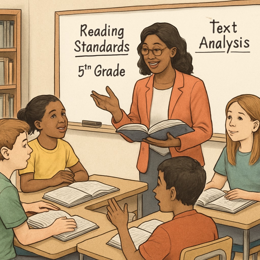 Teacher guiding fifth-grade students in a balanced ELA reading activity
