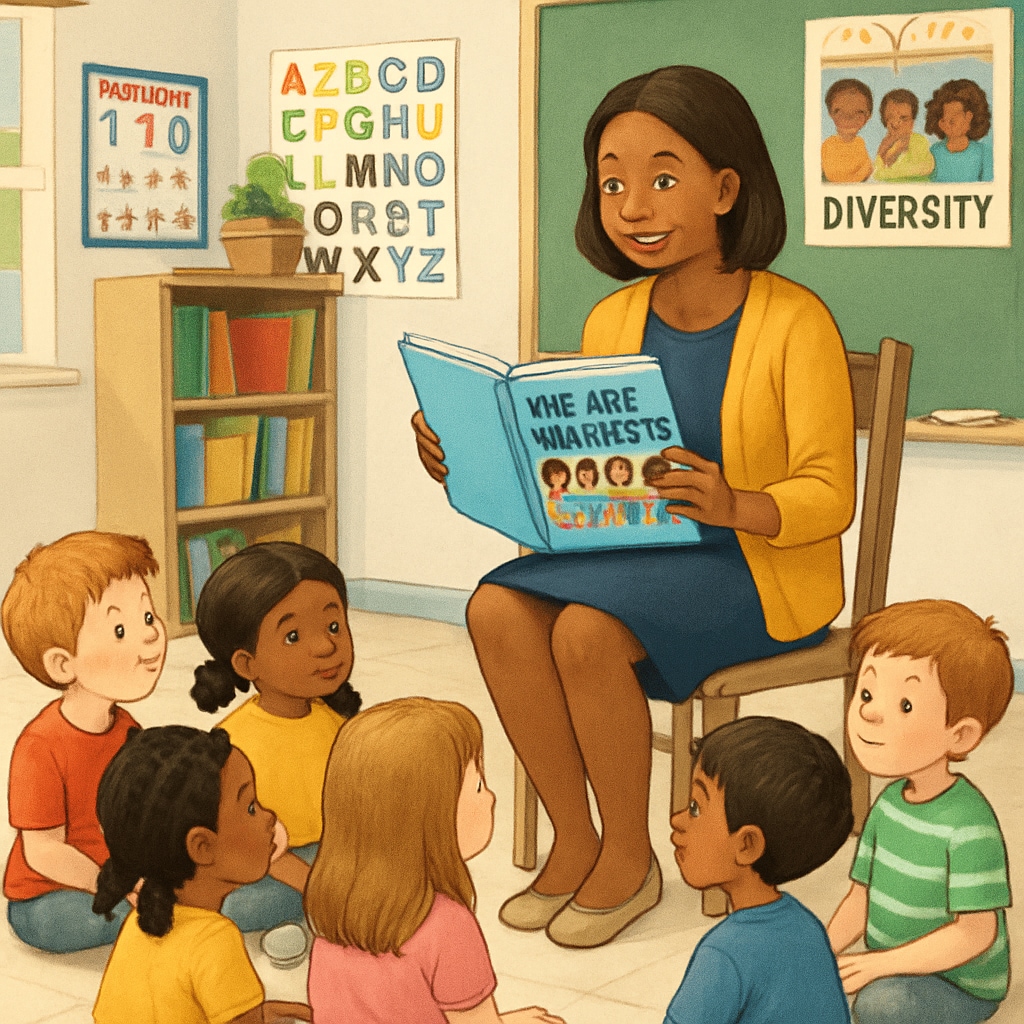 Teacher reading a storybook about diversity to first-grade students.