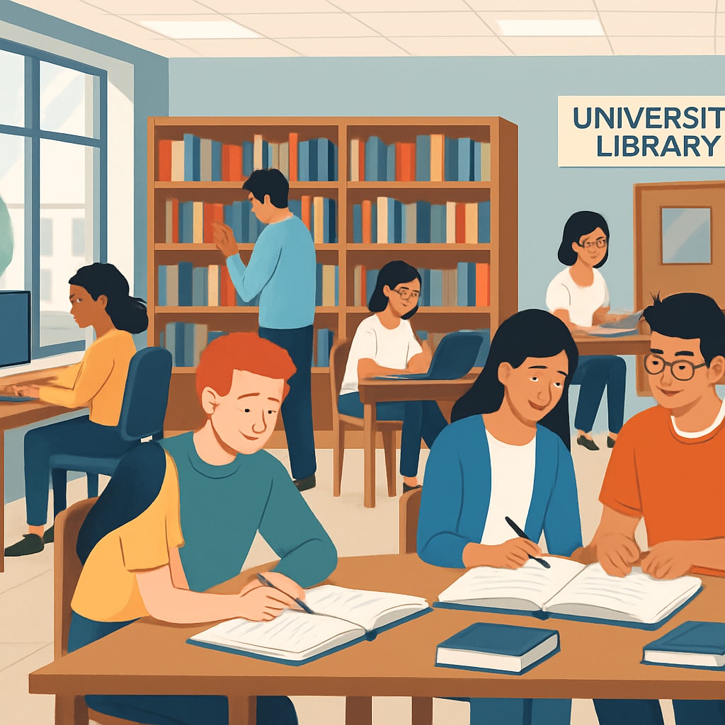 A modern university library with students utilizing tutoring services and academic resources. University library showcasing academic support systems for success.