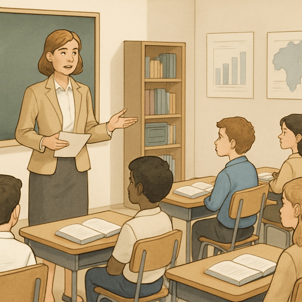 A classroom setting where a teacher is addressing an attentive group of students, demonstrating an effective learning environment. A teacher engaging with students in a classroom setting to emphasize focused learning.