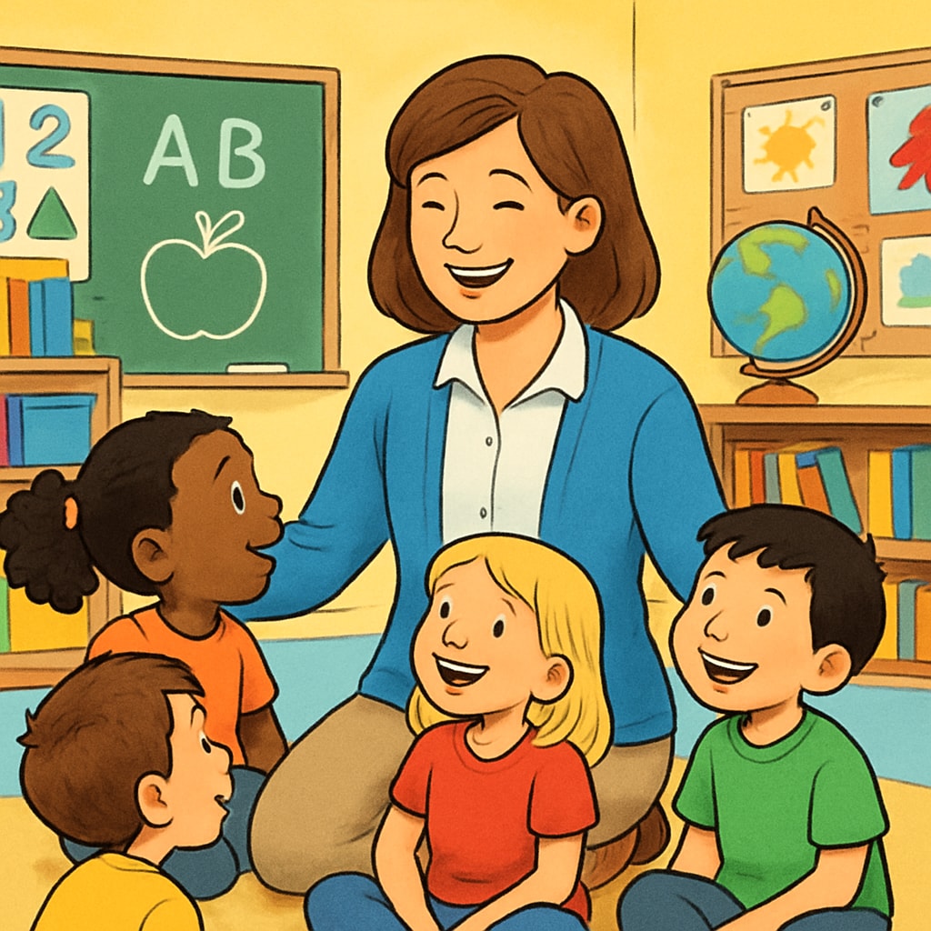A smiling teacher engaging with children in a brightly colored classroom, symbolizing efforts in early childhood education. Ms Rachel engaging with children in a classroom, showcasing her educational work.
