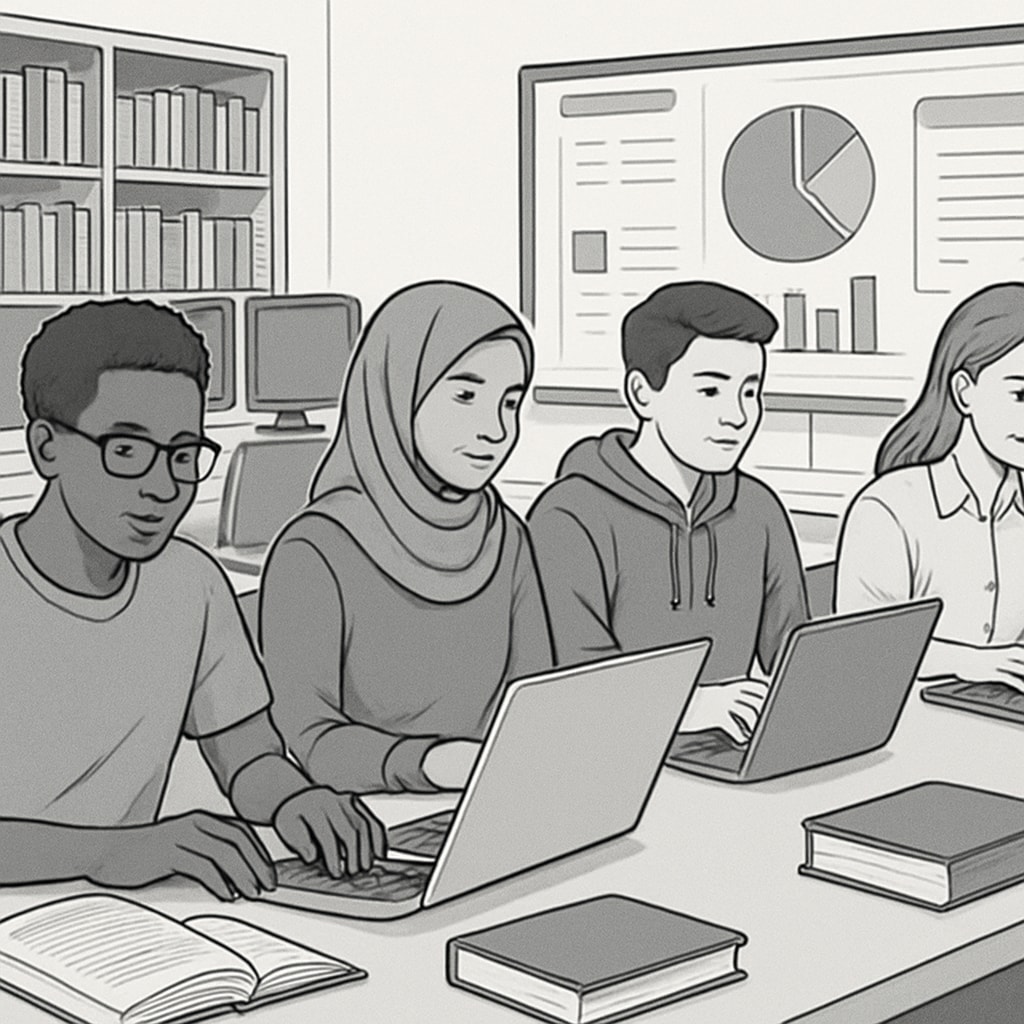 A diverse group of students using laptops in a university computer lab equipped with digital resources. Students accessing university resources for academic success.