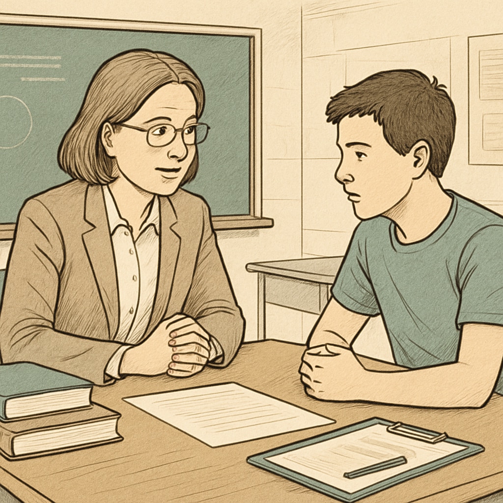 A counselor working one-on-one with a student, symbolizing the importance of targeted behavioral interventions. A school counselor engaging with a student in a behavioral correction program.
