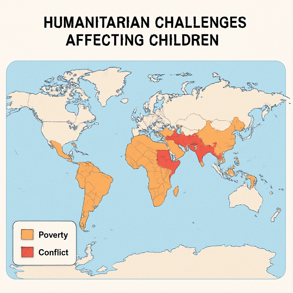 A map highlighting global regions with significant humanitarian challenges affecting children, such as poverty and conflict. Map showing regions impacted by global humanitarian challenges, relevant to children.