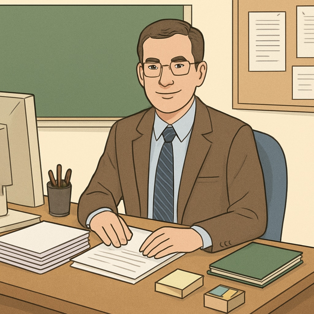 A school administrator working at their desk with documents and a computer. School administrator working with documents and computer.