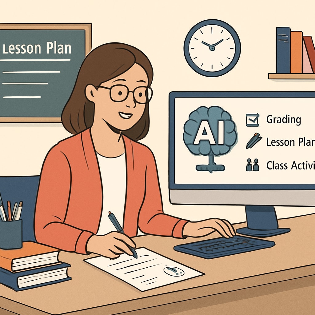 An illustration showing AI-powered tools assisting a teacher with tasks such as grading and lesson planning. AI tools automating teacher tasks like grading and lesson planning, reducing workload.