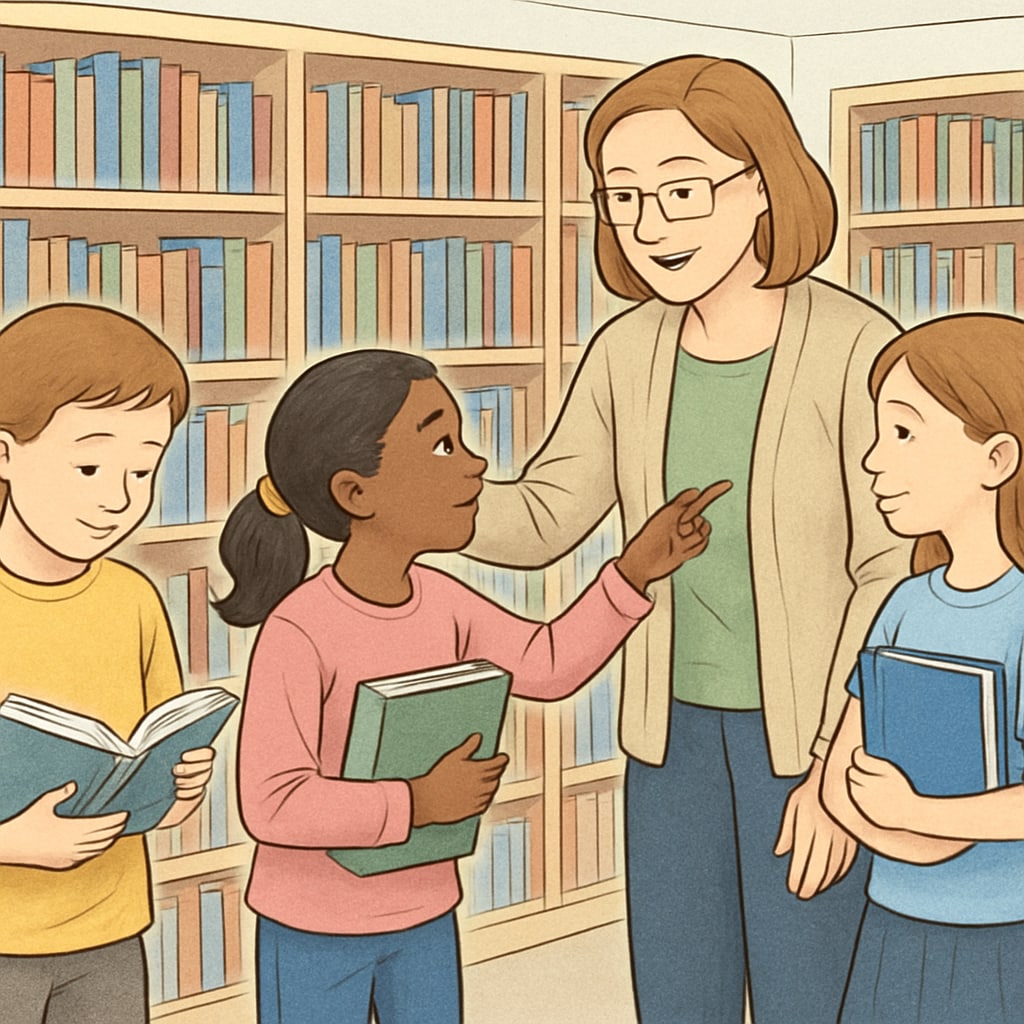 A school librarian helping students with book selections in a well-organized library. School librarian assisting students in the library.
